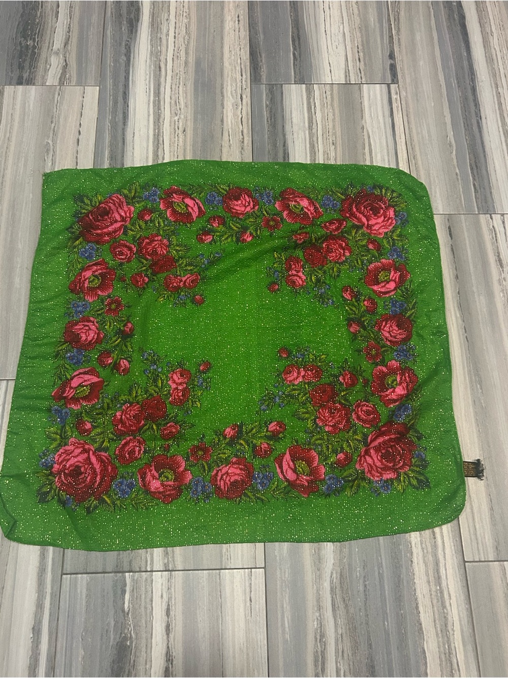 Green Floral Ukrainian Wool Scarf with Pink Rose Print